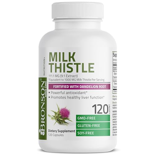 Bronson Milk Thistle Silymarin Marianum & Dandelion Root Liver Health Support, Antioxidant Support, Detox, 120 Capsules