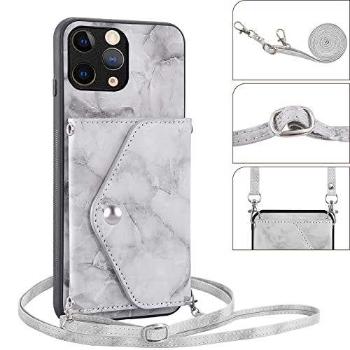 Phone Case for iPhone 11 Pro 5.8 Wallet Cover with Screen Protector and Crossbody Strap Lanyard Marble Credit Card Holder Stand Cell Accessories iPhone11pro iPhone11 i XI 11s 11pro Women Girls Grey