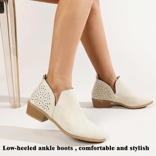 JITUUE Ankle Boots for Women Casual Cut Out Slip On Low Heel Short Chunky Stacked Heel Perforated Side V Cut Western Booties Cutout Shoes(Beige,US 6