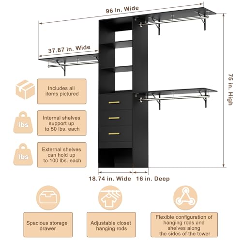 LOVMOR Built-in/Walk-in Closet System 8ft with Drawers and Shelves, 96inch Customizable Organizers and Storage Systems, Wall Mounted Wardrobe for Clothes Organization W/Expandable Rod