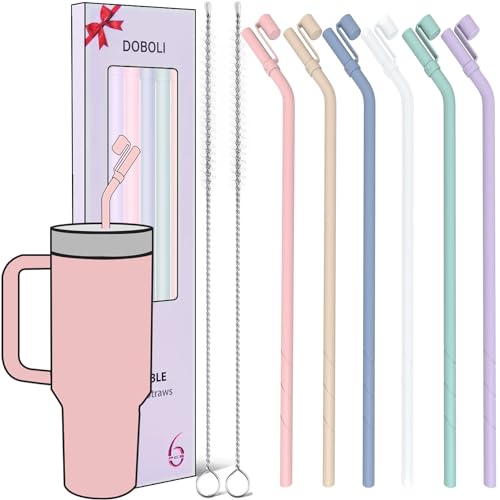 Doboli Replacement 13 inch Long Silicone Straw With Straw Cover,Compatible with Stanley 40 oz 30 oz Cup Tumbler, 6 Pack Reusable Bent Straw with Cleaning Brush,for Stanley Tumbler Accessorie