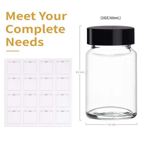 8 Pack 2 oz/60 ml Clear Glass Bottles with Black Caps & Labels, Small Glass Jar for Ginger, Wellness Shot, Juice, Sample, Leakproof Mini Travel Essential Bottles - Wide Mouth, Dishwasher Safe