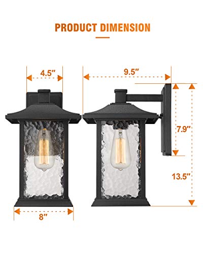 Beionxii Outdoor Light Fixture, 14 inch Dusk to Dawn Exterior Wall Mount Lantern Outside Lights for House Patio, Black Cast Aluminum w/Water Glass - A272W-1PK