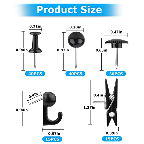 Black Push Pins Set, 5 Styles 140-count Thumb Tacks Map Pins, Steel Point and Dark Plastic Head Pushpins Black Thumbtacks for Cork Board Bulletin Boards (Black-140pcs)