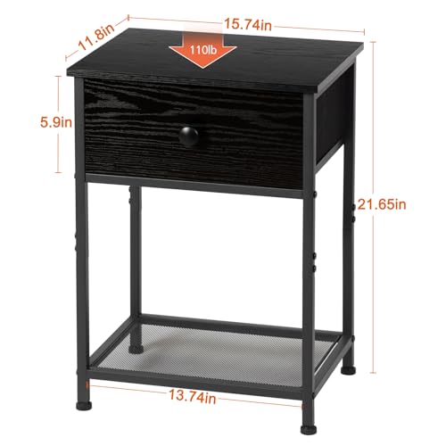 AMHANCIBLE Night Stand Set 2, Black Nightstand with Fabric Drawer, Industrial End Tables Living Room with Storage Shelf, Slim Bedside Table for Bedroom, Small Spaces, HET03SDBK