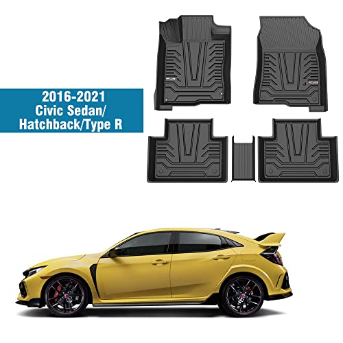 Car Floor Mats Compatible with 2016-2021 Civic Sedan/Hatchback/Type R, TPE Black All Weather Protection Front & 2nd Seat Floor Liners