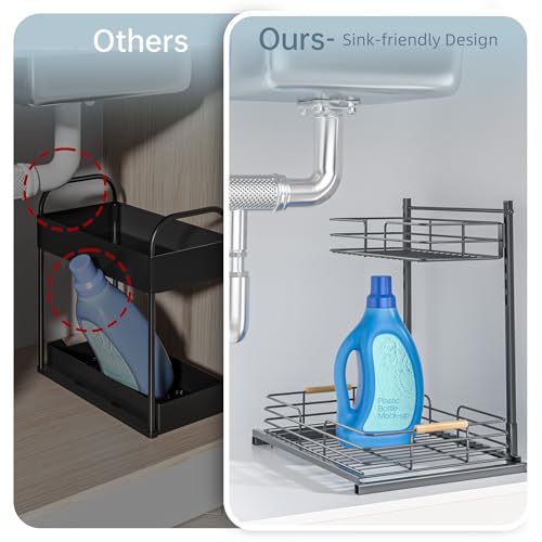 Delamu Metal Under Sink Organizer, 10.7" Width Pull Out Cabinet Organizer, 2 Tier Slide Out Under Sink Storage Shelf, Undersink Organizers Shelves for Kitchen Bathroom Pantry