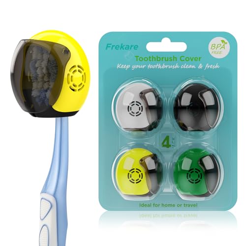 Frekare Helmet Toothbrush Covers Caps, Fits Most Manual and Electric Toothbrushes, 4 Count (Black, Grey, Green, Yellow)