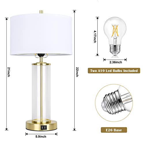 Modern Touch Control Table Lamps with 2 USB Ports for Living Room Set of 2, 3-Way Dimmable Bedside Lamps with White Shades & Clear Glass for Bedroom Nightstand Hotel, Daylight 5000K LED Bulbs Included