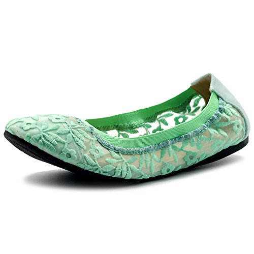 Ollio Womens Shoes Floral Embroidery Lace Slip On Comfort Light Ballet Flat ZM1712F (6 B(M) US, Mint)
