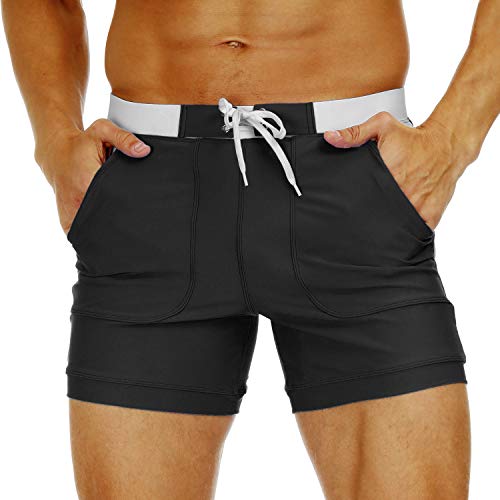 MAGNIVIT Men's Swimming Trunks Sport Brief Swim Underwear with Pocket Black