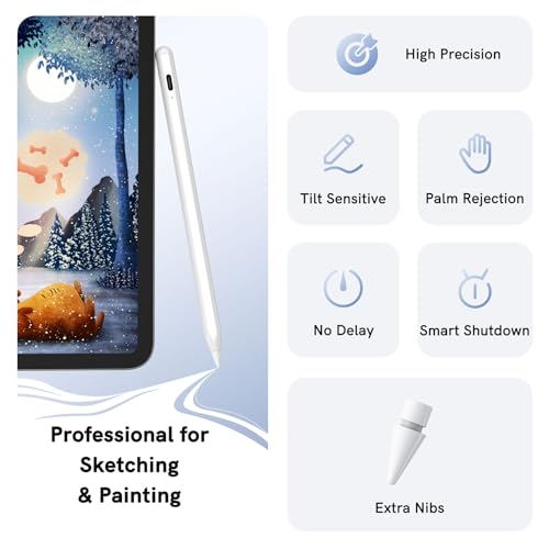 Stylus Pen for iPad 2018-2024 - NTHJOYS for Apple iPad Pencil with Palm Rejection, Magnetic, Tilt Sensitivity, Work for iPad Pro 11"/12.9", iPad Mini 5/6, iPad Air 3/4/5, iPad 6/7/8/9/10
