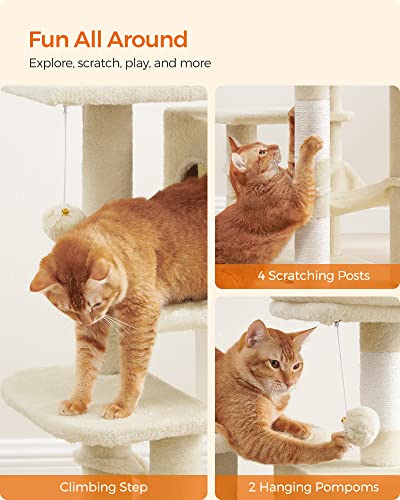 Feandrea Cat Tree, 44.1-Inch Cat Tower for Indoor Cats, Multi-Level Cat Condo with 4 Scratching Posts, 2 Perches, Hammock, Cave, Beige UPCT261M01