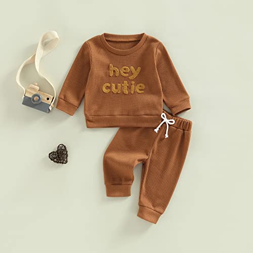 Toddler Baby Girl Boy Fall Winter Waffle Outfit Set Letter Printed Long Sleeve Sweatshirt Tops + Pants (Merry and Bright, 12-18 Months)