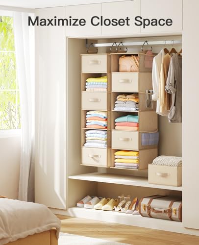 Pipishell Hanging Closet Organizer 6-Shelf, Hanging Shelves for Closet with 3 Removable Drawers & Side Pockets, Hanging Shelf Organizer for Bedroom or Garment Rack, 12'' x 12'' x 43.3'', Beige