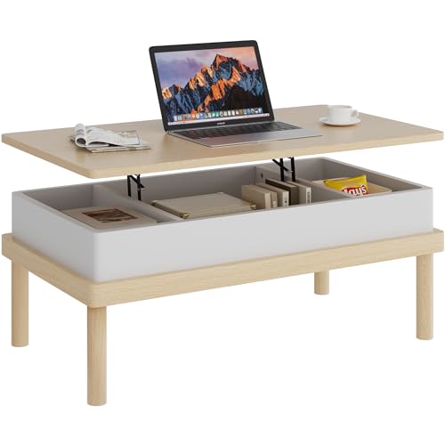 Shintenchi Coffee Table, Lift Top Coffee Table with Hidden Compartment, Rising Tabletop Dining Table, Lift Top Coffee Center Table for for Living Room, Office, Home (Ivory)