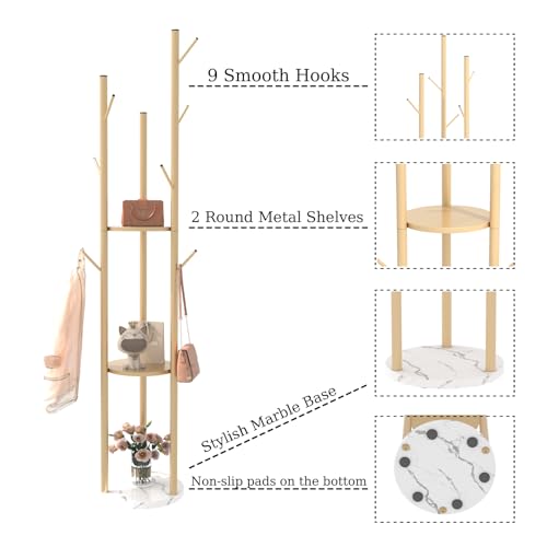 TIEOU Metal Coat Rack, Gold Coat Racks Freestanding with Shelves and Marble Base, Coat Tree with 9 Hooks for Scarves, Bags, Modern Coat Rack Stand for Entryway, Living Room, Bedroom, Easy Assembly
