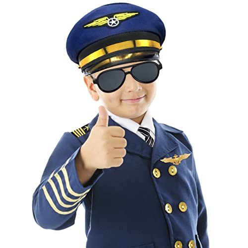 Keymall Kids Pilot Costume Accessories Set With Aviator Hat Sunglasses Tie Pin for Aviation Halloween Dress Up (Set A-2)