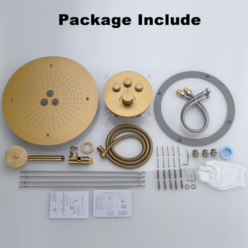 TRUSTMI Thermostatic Shower System 3 Way FLow-Adjust Push Button Diverter Valve, 16 Inch High Pressure Rainfall and Handheld Shower, All Metal Ceiling Mount Round Shower Faucet, Brushed Brass Gold