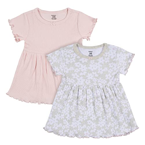 Gerber Baby Girls' 2-Pack Short Sleeve Cotton Dresses, Pink Small Floral, 12 Months