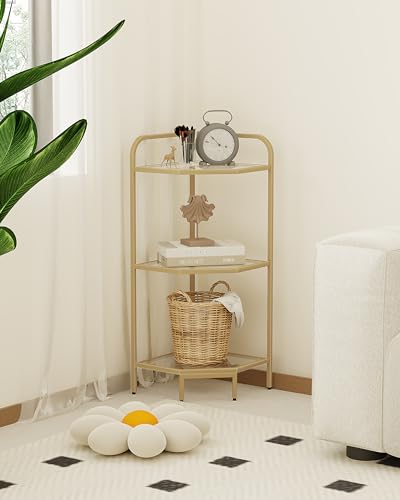 Hzuaneri Corner Shelf Stand, Glass Bookshelf Bookcase, Bathroom Organizer, Plant Stand, Steel Frame, Tempered Glass, Modern Style for Living Room, Bathroom, Kitchen, 3-Tier Golden CS90300A
