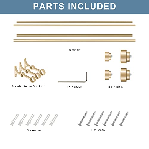 Heavy Duty Double Curtain Rods with Cylindrical Cap Finials - 36 to 72' Telescoping Rods, 1 Inch and 5/8 Inch Diameter, Light Gold