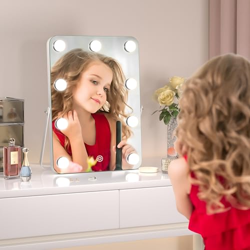 Hasipu Hollywood Vanity Mirror with Lights, 10" x 14" LED Makeup Mirror, 3 Modes Light, Smart Touch Control Dimmable, 360°Rotation, Rounded Rectangle White Frame