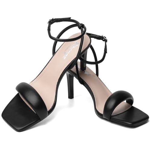 RIBONGZ Womens Sandals Dressy Fashion Black Strappy Kitten Heels Square toe Sexy Stiletto High Heels Comfortable Wedding Party Evening Prom Summer Bridal Shoes 6.5