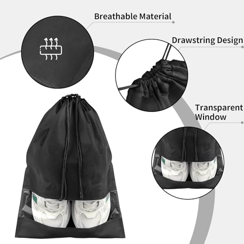 Shoe Bags for Travel, 5 Pcs Large Black Travel Shoe Bags for Packing, Non-Woven Drawstring Travel Shoe Storage Bag with Clear Window, Travel Shoe Bags for Packing for Men Women（12.6" X 17.3" ）