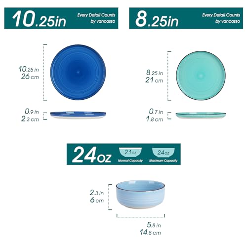 vancasso Bonita Blue Dinnerware Sets, Plates and Bowls Set for 4, 12 Pieces Stoneware Dinnerware Set, Dishwasher and Microwave Safe