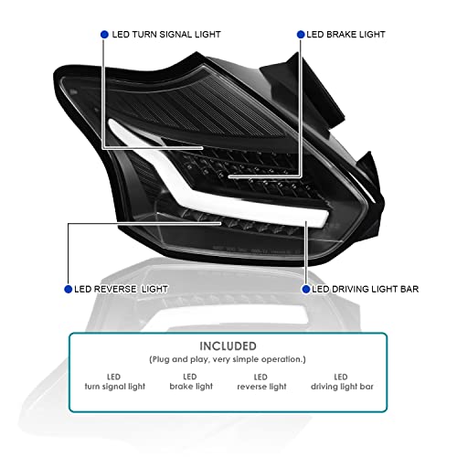 SPEC-D TUNING Black LED Bar Tail Lights Compatible with 2015-2018 Ford Focus SE/ST/Titanium Hatchback, 2016-2018 Ford Focus RS Hatchback, Left + Right Pair Assembly