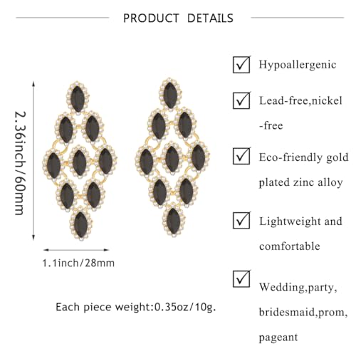 Black Vintage Rhinestone Statement Earrings Retro Fancy Crystal Drop Dangle Earrings Big Geometry Costume Jewelry for Bridesmaid Wedding Party Prom