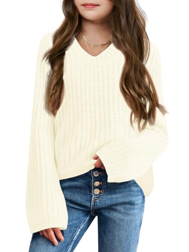 Imily Bela Girls Bell Sleeve V Neck Knit Sweaters Kids Fashion Crop Pullover Sweater Tops Beige