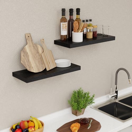 Fun Memories Deep Floating Shelves for Wall, 24W x 9.3D Black Floating Shelves Set of 2, 9.3" Deep Large Wood Shelves for Living Room Bathroom Laundry Room Bedroom Kitchen Home Office - Black