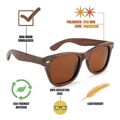 FEISEDY Woodes Sunglasses Polarized for Women Men, Bamboo Wood Handmade Frame, Classic Square UV400 Protection B0006,Bamboo - Tea