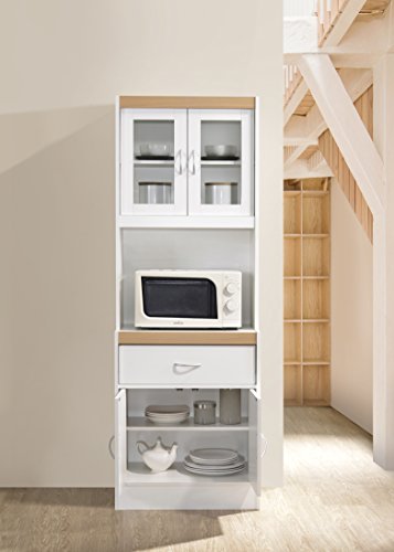 Hodedah Long Standing Kitchen Cabinet with Top and Bottom Enclosed Cabinet Space, One Drawer, Large Open Space for Microwave, White