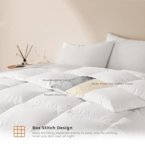 LeWinBedding Luxury Goose Feathers Down Comforter Twin Size,All Season Fluffy Duvet Insert,750 Fill Power Hotel Quality Bed Comforter with 8 Tabs(White,68x90 inches)