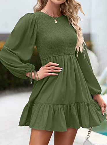 ZESICA Women's Long Sleeve Smocked Dress 2024 Fall Casual Crew Neck Tiered Swing Cocktail Wedding Party Mini Dresses,Black,Large