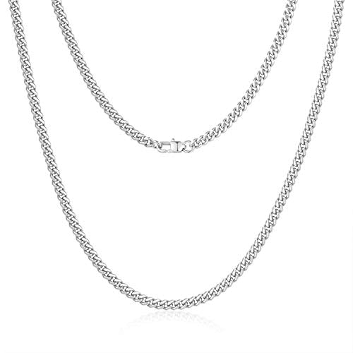 Jewlpire 4mm Silver Chain for Men Women, Diamond Cut Miami Cuban Link Chain for Men, Hip-Hop & Cool Men’s Necklace 316L Stainless Steel Chain 18 Inch