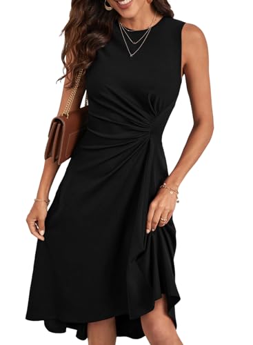 Happy Sailed Cocktail Dresses for Women 2024 Summer Sleeveless Ruched Waist High Waist Sexy Slim Fit Irregular Hem A-Line Skater High Low Formal Midi Dress Black Small