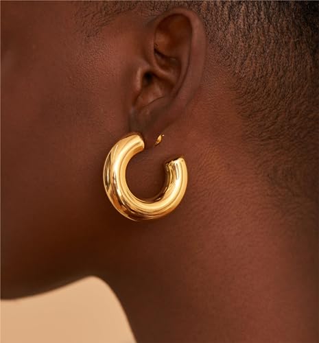 Tituthia Chunky Gold Hoop Earrings for Women, Trendy Simple 14K Gold Plated Thick Large Gold Hoop Earring for Women Hypoallergenic Lightweight Open Big Hoops Earrings Trendy Gold Jewelry Women