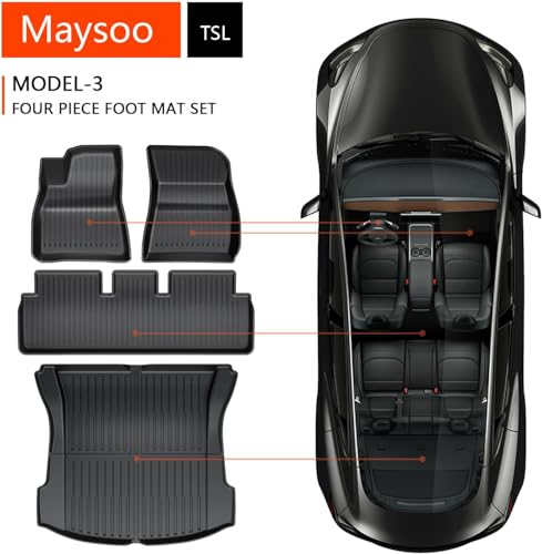 Maysoo Floor Mats for Tesla Model 3 2023-2017 TPE All-Weather Cargo Liner and Rear Cargo Trunk Floor Mats Interior Accessories (4-Piece Set)