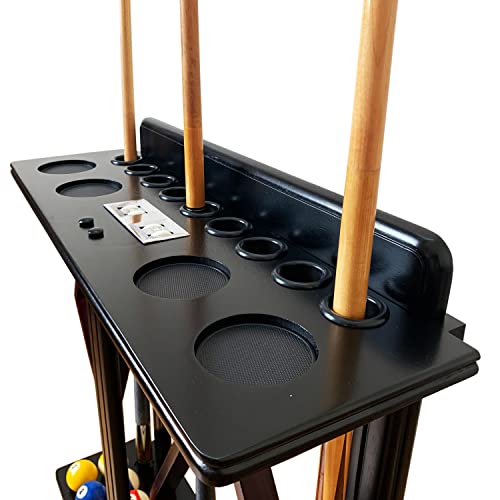 GACCO BILLIARDS Floor Pool Cue Rack Hold 9 Cue Sticks & Billiard Accessories. Corner Stand Pool Cue Holder Made of 100% Solid Hardwood with Billiard Scorer.CUE RACK ONLY (Black)