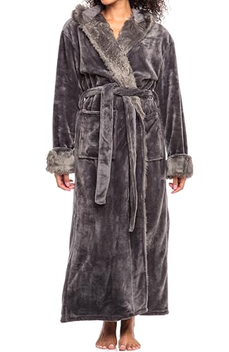 Alexander Del Rossa Women's Faux Fur Feather Hooded Robe, Soft Plush Fleece Bathrobe with Hood Steel Gray Small (A0296STLSM)