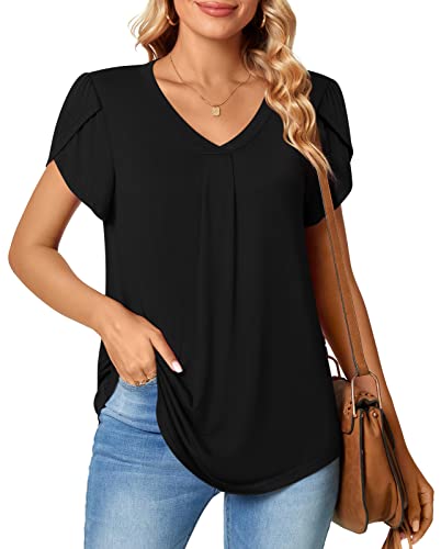 Bestbee Women's Short Sleeve Tops V Neck Petal Sleeve Shirts 2024 Cute Summer Casual T-Shirts Loose Fit Blouses, L, Black