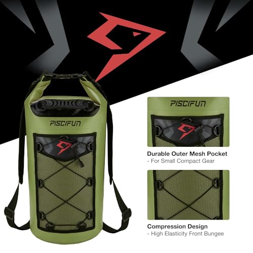 Piscifun Dry Bag, Waterproof Floating Backpack 5L with Waterproof Phone Case for Boating, Kayaking, Fishing, Army Green 5L