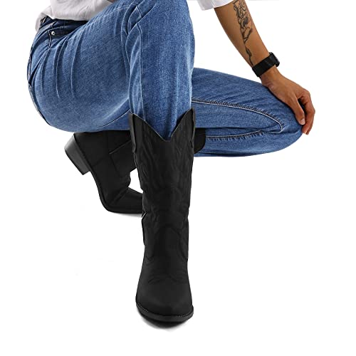 mysoft Women's Western Cowboy Boots Embroidered Mid-Calf Pointed Toe Cowgirl Boot (Available for Regular and Wide Calf)