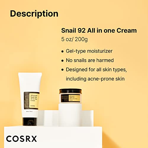 COSRX Snail Mucin 92% Moisturizer, Daily Repair Face Gel Cream Tube Type for Dry, Sensitive Skin, Not Tested on Animals, No Parabens, No Sulfates, No Phthalates, Korean Skincare (3.52Fl Oz / 100g)