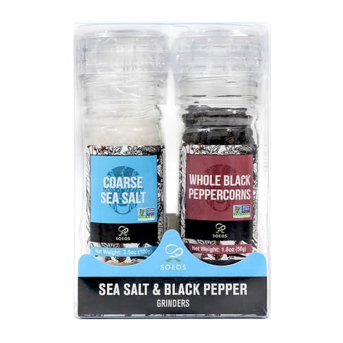 Soeos Sea Salt 3.5 oz + Black Peppercorns 1.8 oz, Salt for Grinder Refill, Salt and Peppercorns, Pepper Grinder Refill, Non-GMO Spice Seasoning Set For Cooking (150g Grinders, Glass Bottle)