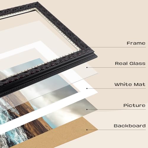 Golden State Art, 11x14 Photo Frame with White Mat for 8x10 Picture & Real Glass for Wall Display - Home or Office Classic Design (Black Silver Burgundy with Ornate Molding)